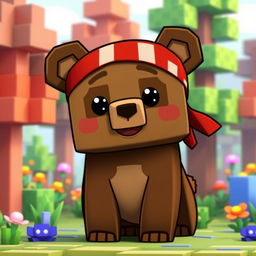 A cute animated brown bear wearing a red bandana around its forehead, styled like a Minecraft character