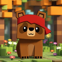 A cute animated brown bear wearing a red bandana around its forehead, styled like a Minecraft character