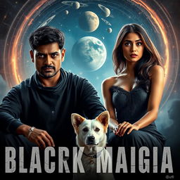 A cinematic film poster featuring a 27-year-old Indian man with a dark complexion and short hair, wearing a black shrug and black cargo pants, engaged in a ritual of black magic