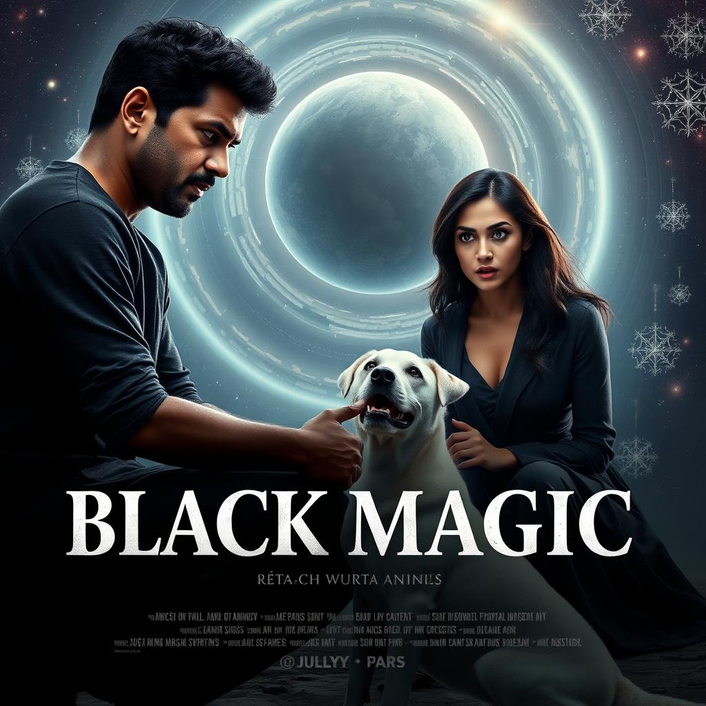 A cinematic film poster featuring a 27-year-old Indian man with a dark complexion and short hair, wearing a black shrug and black cargo pants, engaged in a ritual of black magic