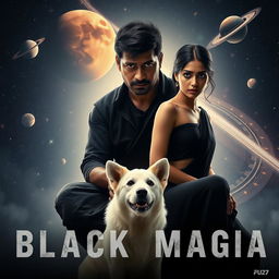 A cinematic film poster featuring a 27-year-old Indian man with a dark complexion and short hair, wearing a black shrug and black cargo pants, engaged in a ritual of black magic