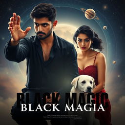 A cinematic film poster featuring a 27-year-old Indian man with a dark complexion and short hair, wearing a black shrug and black cargo pants, engaged in a ritual of black magic