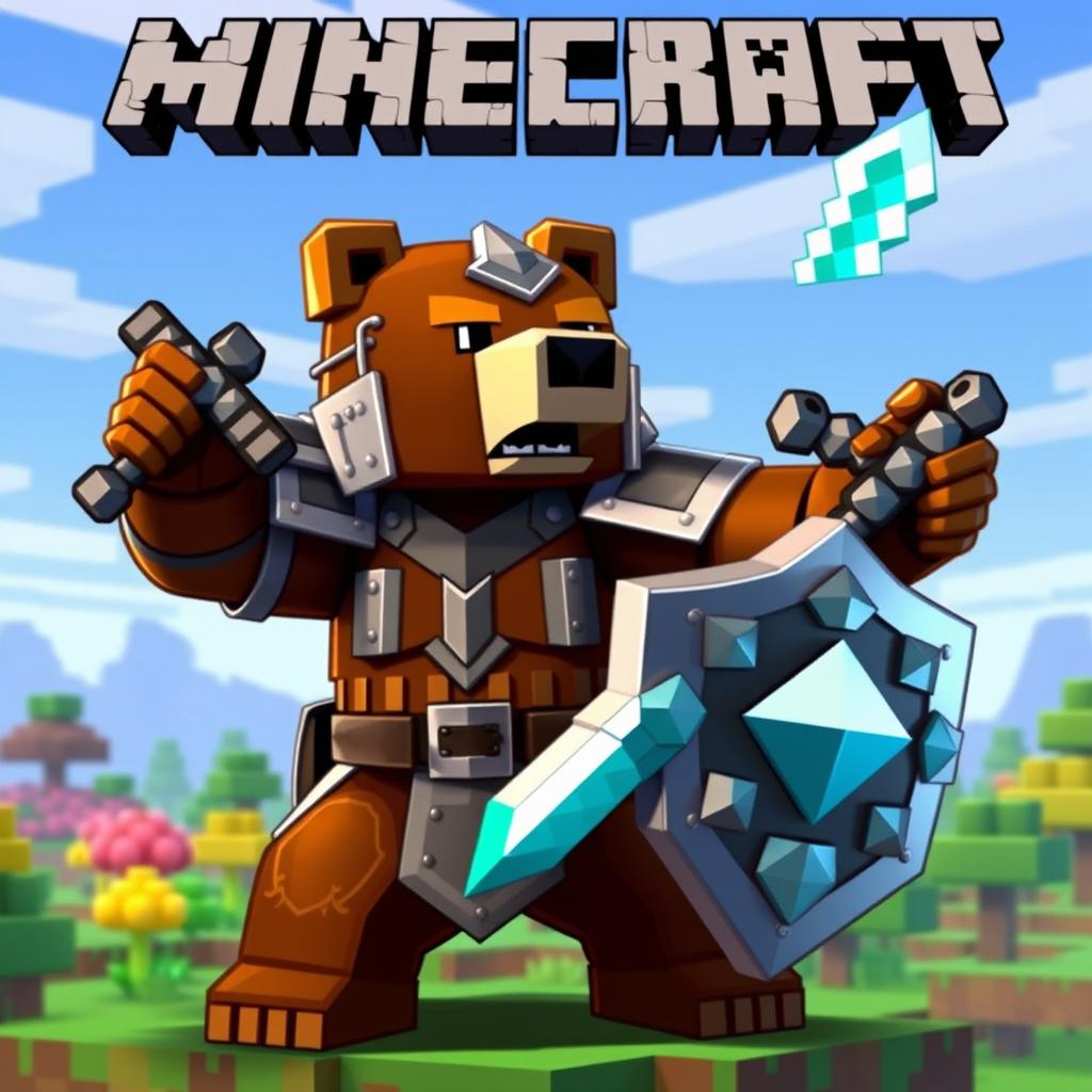 A brown bear wearing iron armor, wielding a diamond sword in one paw and holding an animated shield in the other, designed in a Minecraft style