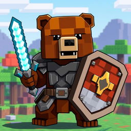 A brown bear wearing iron armor, wielding a diamond sword in one paw and holding an animated shield in the other, designed in a Minecraft style