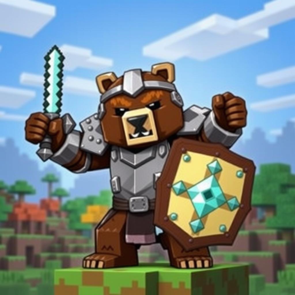 A brown bear wearing iron armor, wielding a diamond sword in one paw and holding an animated shield in the other, designed in a Minecraft style