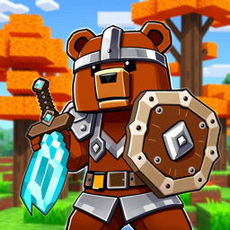 A brown bear wearing iron armor, wielding a diamond sword in one paw and holding an animated shield in the other, designed in a Minecraft style