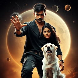 A cinematic film poster featuring a 27-year-old Indian man with a dark complexion and short hair, wearing a stylish black shrug and black cargo pants