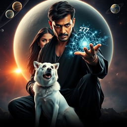 A cinematic film poster featuring a 27-year-old Indian man with a dark complexion and short hair, wearing a stylish black shrug and black cargo pants