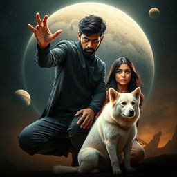 A cinematic film poster featuring a 27-year-old Indian man with a dark complexion and short hair, wearing a stylish black shrug and black cargo pants