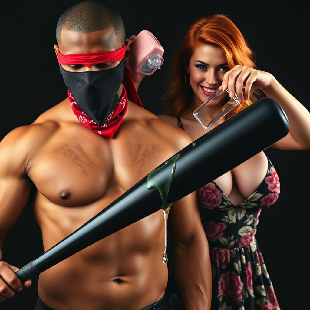 A close-up torso shot of two characters: a muscular African American man with a red bandana mask covering his face, holding a large black baseball bat in a low position