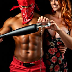 A close-up torso shot of two characters: a muscular African American man with a red bandana mask covering his face, holding a large black baseball bat in a low position