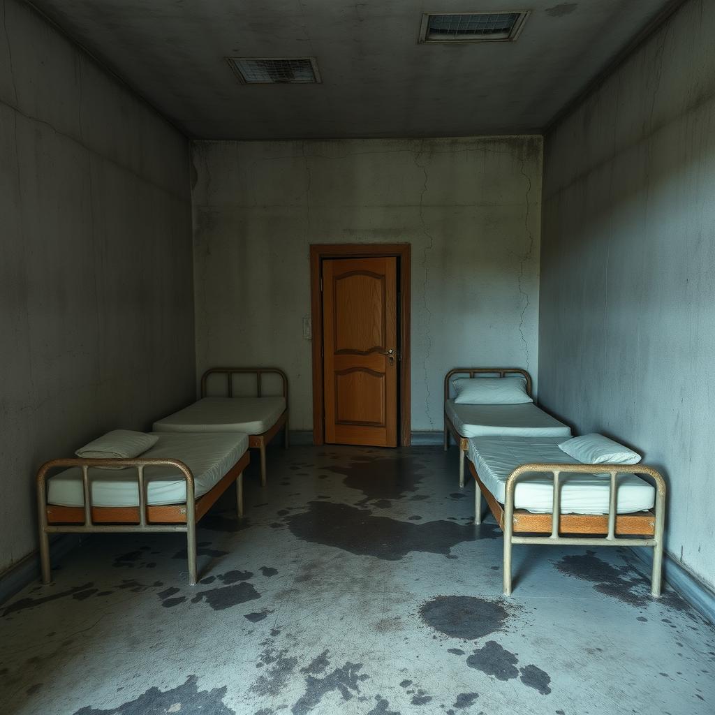 A desolate and cold rectangular room with cracked concrete walls