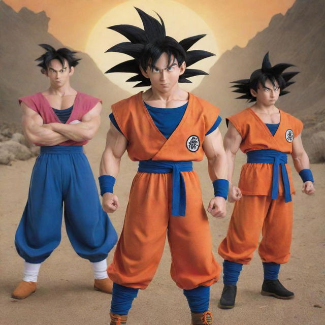 Amidst the Dragon Ball universe, the explorer encounters Goku and his companions, their quintessential attire and features brought to life vividly, creating an enchanting tableau of camaraderie.