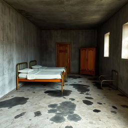 A desolate and cold rectangular room with cracked concrete walls