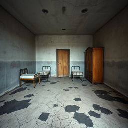 A desolate and cold rectangular room with cracked concrete walls