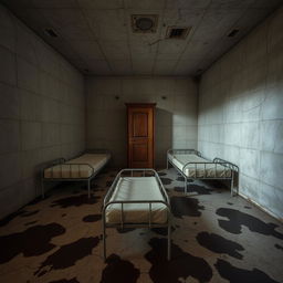 A desolate and cold rectangular room with cracked concrete walls