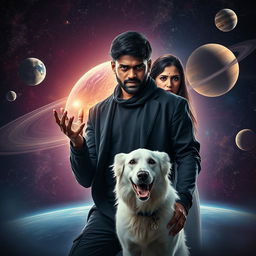 A cinematic film poster featuring a 27-year-old Indian man with a dark face and short hair, dressed in a black shrug and black cargo pants, performing black magic