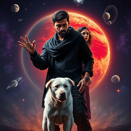 A cinematic film poster featuring a 27-year-old Indian man with a dark face and short hair, dressed in a black shrug and black cargo pants, performing black magic