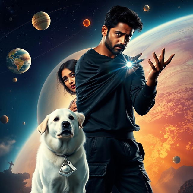 A cinematic film poster featuring a 27-year-old Indian man with a dark face and short hair, dressed in a black shrug and black cargo pants, performing black magic