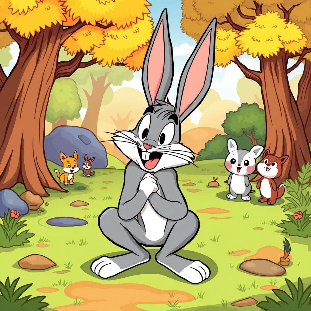 A cartoon-style illustration of Bugs Bunny humorously squatting in a cartoonish landscape, with exaggerated facial expressions depicting surprise and mischief