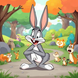 A cartoon-style illustration of Bugs Bunny humorously squatting in a cartoonish landscape, with exaggerated facial expressions depicting surprise and mischief