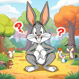 A cartoon-style illustration of Bugs Bunny humorously squatting in a cartoonish landscape, with exaggerated facial expressions depicting surprise and mischief