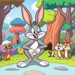 A cartoon-style illustration of Bugs Bunny humorously squatting in a cartoonish landscape, with exaggerated facial expressions depicting surprise and mischief