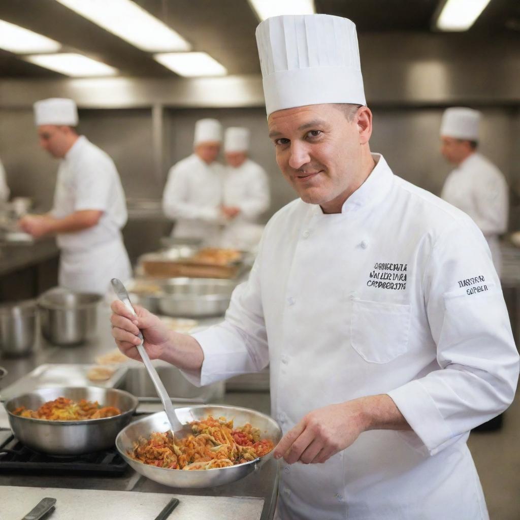 A professional chef in a white uniform, holding a silver ladle in a busy, well-equipped kitchen.