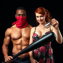 A close-up torso shot of two intriguing characters: a muscular African American man wearing a red bandana mask that covers his face, confidently holding a large black baseball bat low