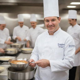 A professional chef in a white uniform, holding a silver ladle in a busy, well-equipped kitchen.