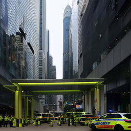 The entrance of a SWAT premises during the day, situated in a bustling central business district, showcasing heavy security measures amidst the hive of city activity.