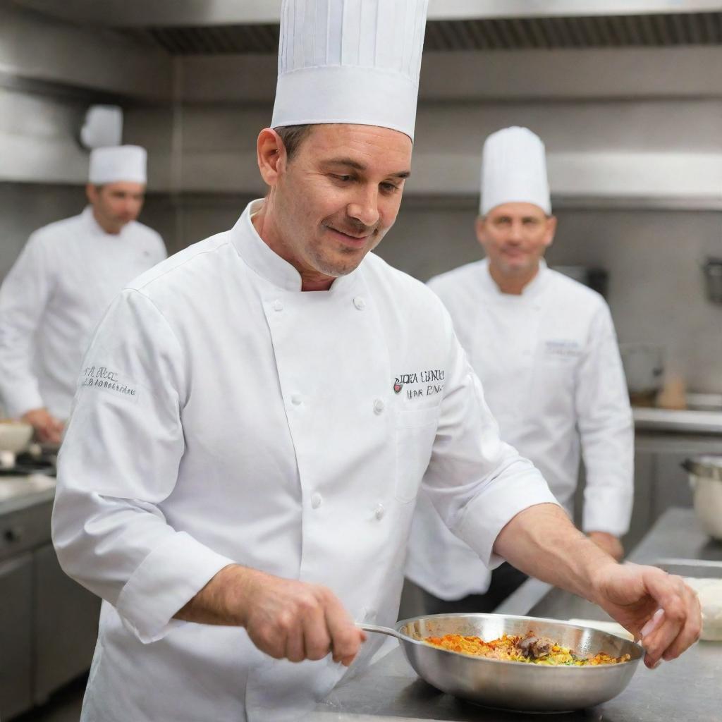 A professional chef in a white uniform, holding a silver ladle in a busy, well-equipped kitchen.