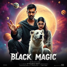 A cinematic film poster featuring a 27-year-old Indian man with a dark face and short hair, wearing a stylish black shrug and black cargo pants