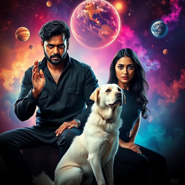 A cinematic film poster featuring a 27-year-old Indian man with a dark face and short hair, wearing a stylish black shrug and black cargo pants