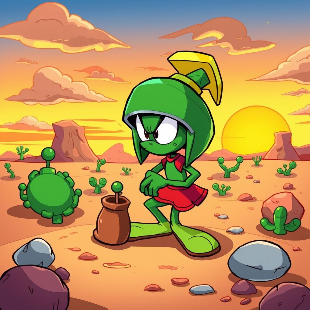 A whimsical, cartoonish scene featuring Marvin the Martian, the iconic character from Looney Tunes, humorously positioned in an alien landscape