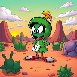 A whimsical, cartoonish scene featuring Marvin the Martian, the iconic character from Looney Tunes, humorously positioned in an alien landscape