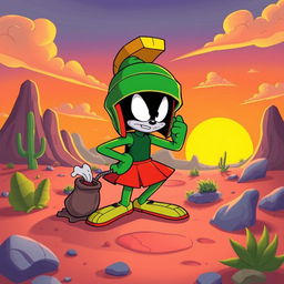 A whimsical, cartoonish scene featuring Marvin the Martian, the iconic character from Looney Tunes, humorously positioned in an alien landscape