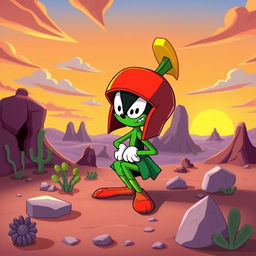 A whimsical, cartoonish scene featuring Marvin the Martian, the iconic character from Looney Tunes, humorously positioned in an alien landscape