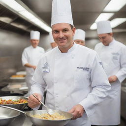 A professional chef in a white uniform, holding a silver ladle in a busy, well-equipped kitchen.