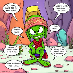 A humorous cartoon scene featuring Marvin the Martian, a small green alien wearing a Roman helmet and a skirt, squatting down in a comedic pose with a mischievous grin on his face