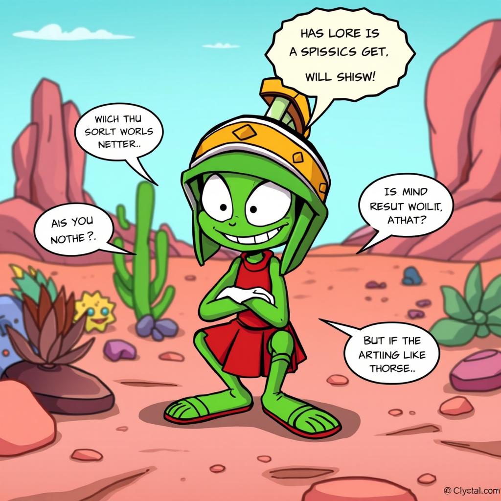 A humorous cartoon scene featuring Marvin the Martian, a small green alien wearing a Roman helmet and a skirt, squatting down in a comedic pose with a mischievous grin on his face