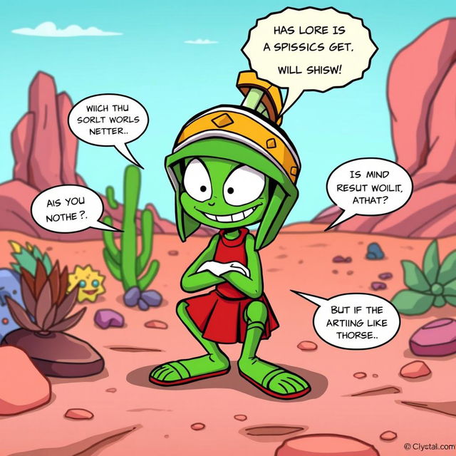 A humorous cartoon scene featuring Marvin the Martian, a small green alien wearing a Roman helmet and a skirt, squatting down in a comedic pose with a mischievous grin on his face