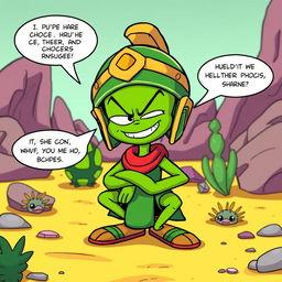 A humorous cartoon scene featuring Marvin the Martian, a small green alien wearing a Roman helmet and a skirt, squatting down in a comedic pose with a mischievous grin on his face