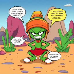 A humorous cartoon scene featuring Marvin the Martian, a small green alien wearing a Roman helmet and a skirt, squatting down in a comedic pose with a mischievous grin on his face