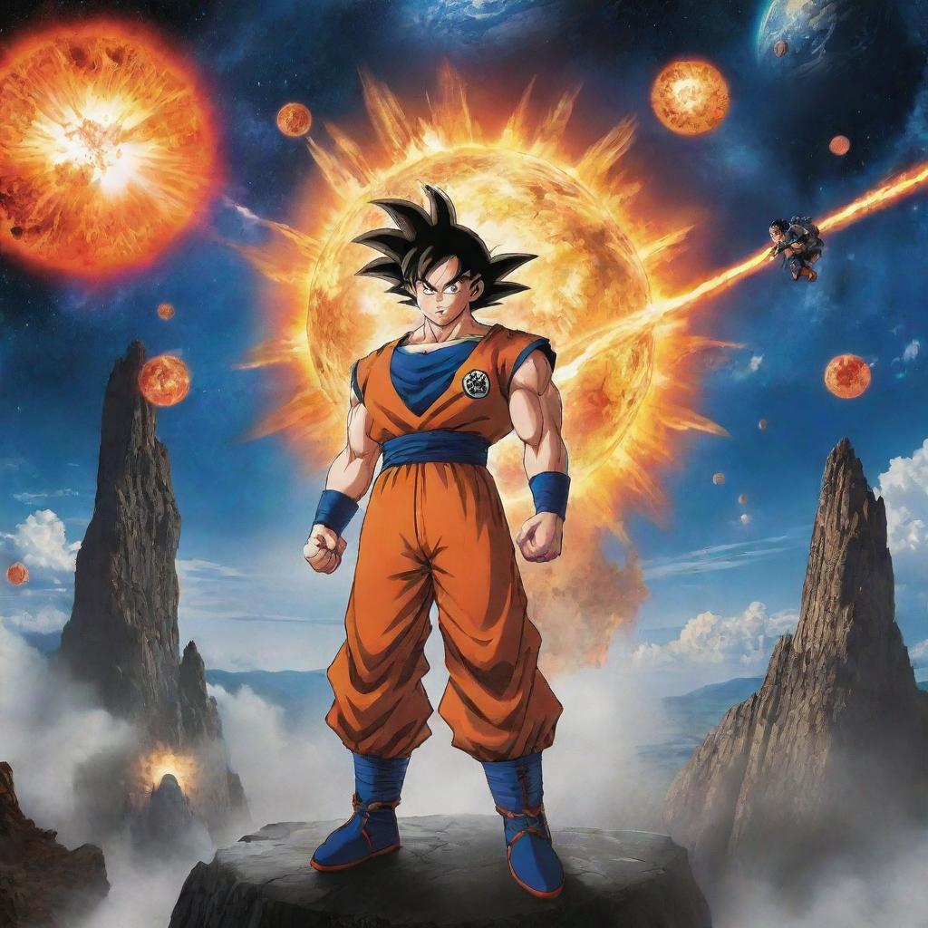 Depict the diverse set of characters including Goku and his friends, as well as the explorer, soaring into the night sky. Meanwhile, the planet beneath them erupts into a breathtaking, monumental explosion.