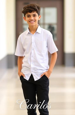 A handsome 16-year-old boy with short curly dark brown hair wearing a stylish school uniform in white and black