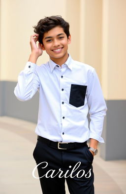 A handsome 16-year-old boy with short curly dark brown hair wearing a stylish school uniform in white and black