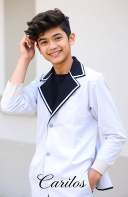 A handsome 16-year-old boy with short curly dark brown hair wearing a stylish school uniform in white and black