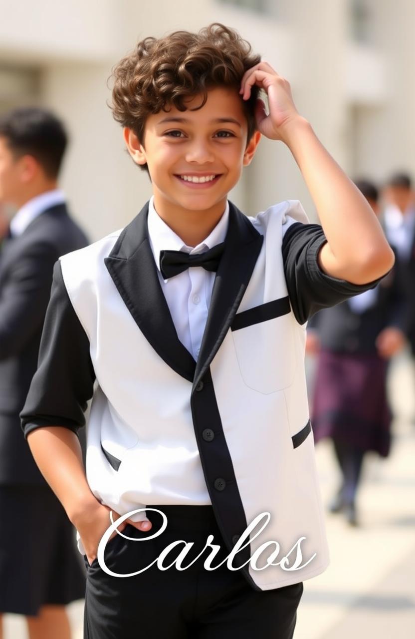 A handsome 16-year-old boy with short curly dark brown hair wearing a stylish school uniform in white and black