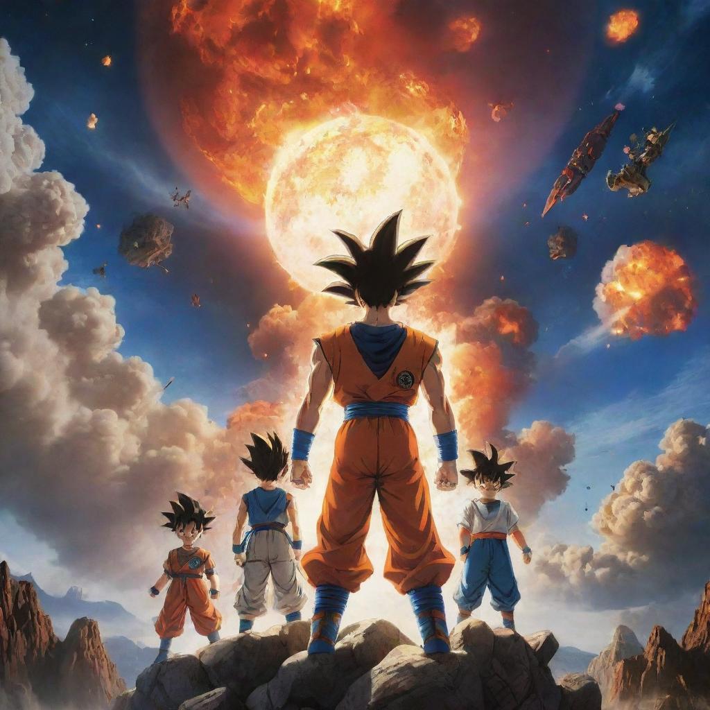 Depict the diverse set of characters including Goku and his friends, as well as the explorer, soaring into the night sky. Meanwhile, the planet beneath them erupts into a breathtaking, monumental explosion.